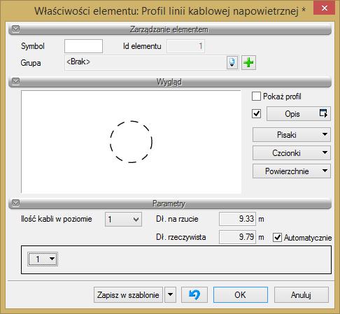 Okno własności linii kablowej napowietrznej Dla profilu kabli linii napowietrznej określamy kolejno: ilość kabli zawieszonych na podbudowie słupowej, status kabli w projekcie oraz wybieramy rodzaj