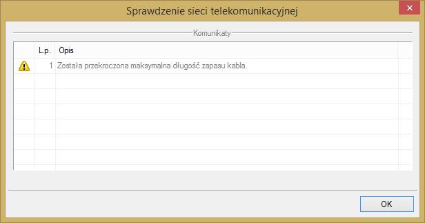 Po wykonaniu obliczeń technicznych i wyznaczeniu niezbędnych parametrów program ArCADia-SIECI TELEKOMUNIKACYJNE raportuje użytkownikowi poprawność zaprojektowanych odcinków sieci, mianowicie sprawdza