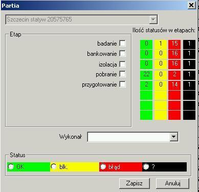 Projekty - Partia Okienko pozwala na zmianę statusu wszystkich etapów w zleceniach wybranej partii (na statywie).