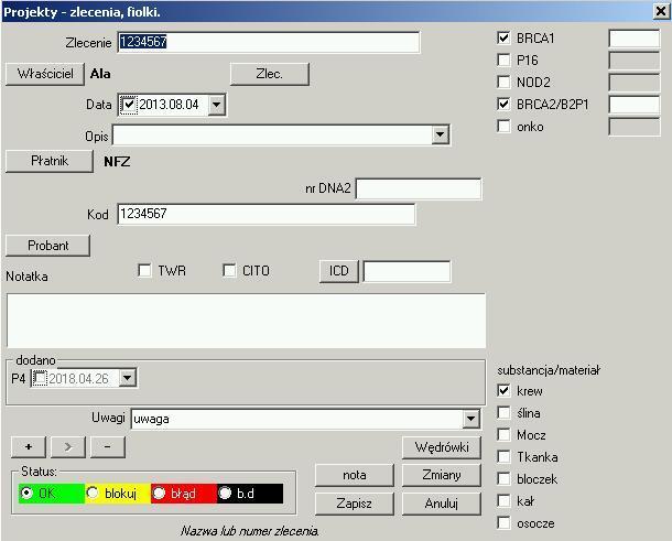 Zlecenia - edycja Kontrolki dotyczące badań i materiałów są definiowane w module Schematy.