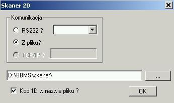 Skaner 2D BBMS współpracuje ze skanerami kodów 2D za pomocą wybranego interfejsu komunikacyj nego. Najczęściej odbywa się to poprzez import danych ze wskazanego pliku.