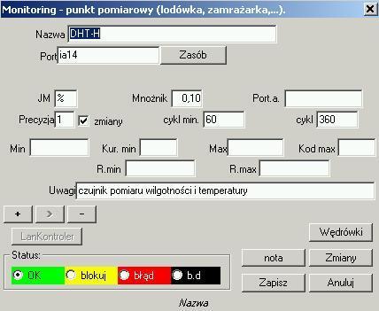 Monitoring - edycja Najważniej sze dane dotyczące monitorowania znajduj ą się na poziomie drzewa Monitoring - punkt (tytuł okienka edycj i).