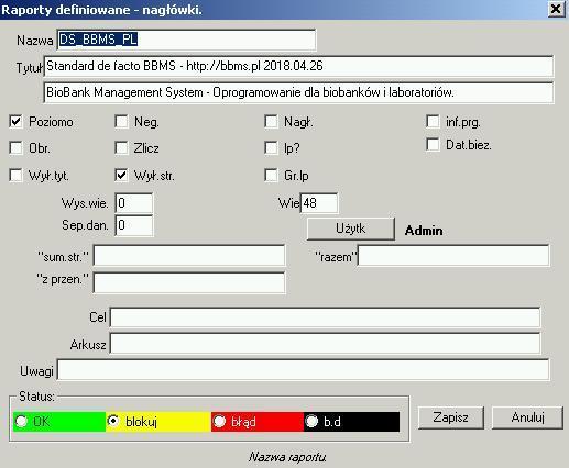 Raporty - edycja Parametry nagłówka raportu -