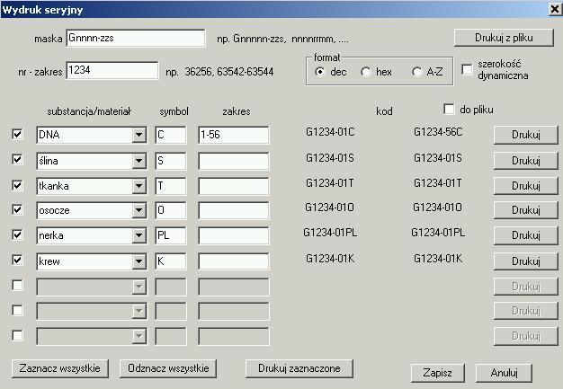 Wydruk seryjny Wydruk seryj ny wprowadzono w celu umożliwienia wydrukowania wielu etykiet z kodem 1D/2D w/g jakiej ś maski.