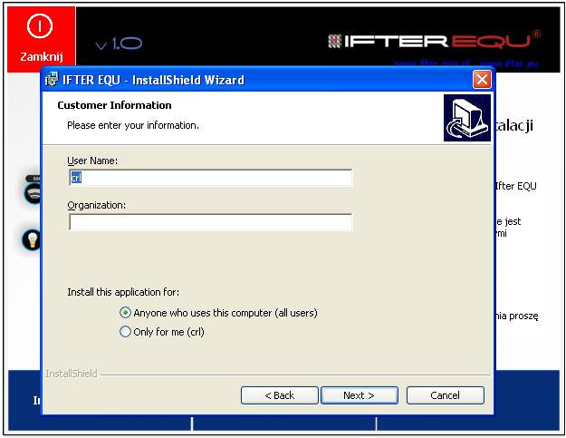 Po zaakceptowaniu licencji możemy przejść do dalszego etapu instalacji. W wyświetlonym oknie wpisujemy dane użytkownika (nabywcy). Podajemy Nazwę Użytkownika oraz nazwę jego Organizacji (Firmy).