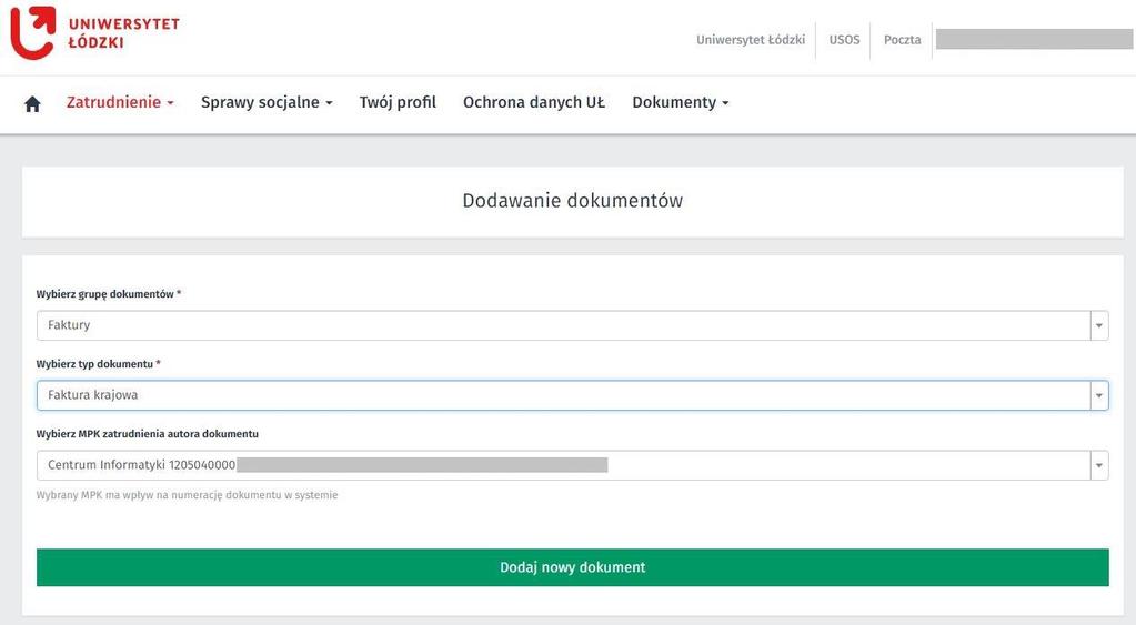 Ddawanie dkumentów wybór grupy dkumentów: Faktury P wskazaniu typu faktury i kliknięciu Ddaj nwy dkument, nwa faktura autmatycznie zapisywana jest na Liście zadań pracwnika.