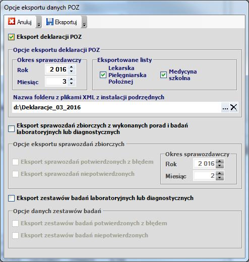 Instalacje podrzędne 1. Uruchomić moduł POZ 2. Z menu Komunikacja wybrać Wyślij dane 3. Zaznaczyć pole Eksport deklaracji POZ 4.