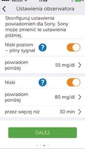 Krok 4 Co należy zrobić Wybrać, czy Obserwator będzie również otrzymywać pilne alarmy/ ostrzeżenia o niskim poziomie glukozy z czujnika oraz ostrzeżenia o niskim i wysokim poziomie