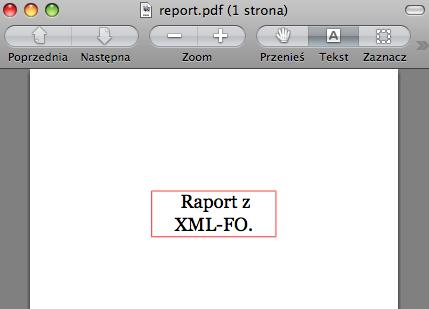 W układzie strony (layout- master) zdefiniowano prosty układ strony (simple- page- master) A4 wraz z regionem o marginesach z 4 stron równych 6cm.