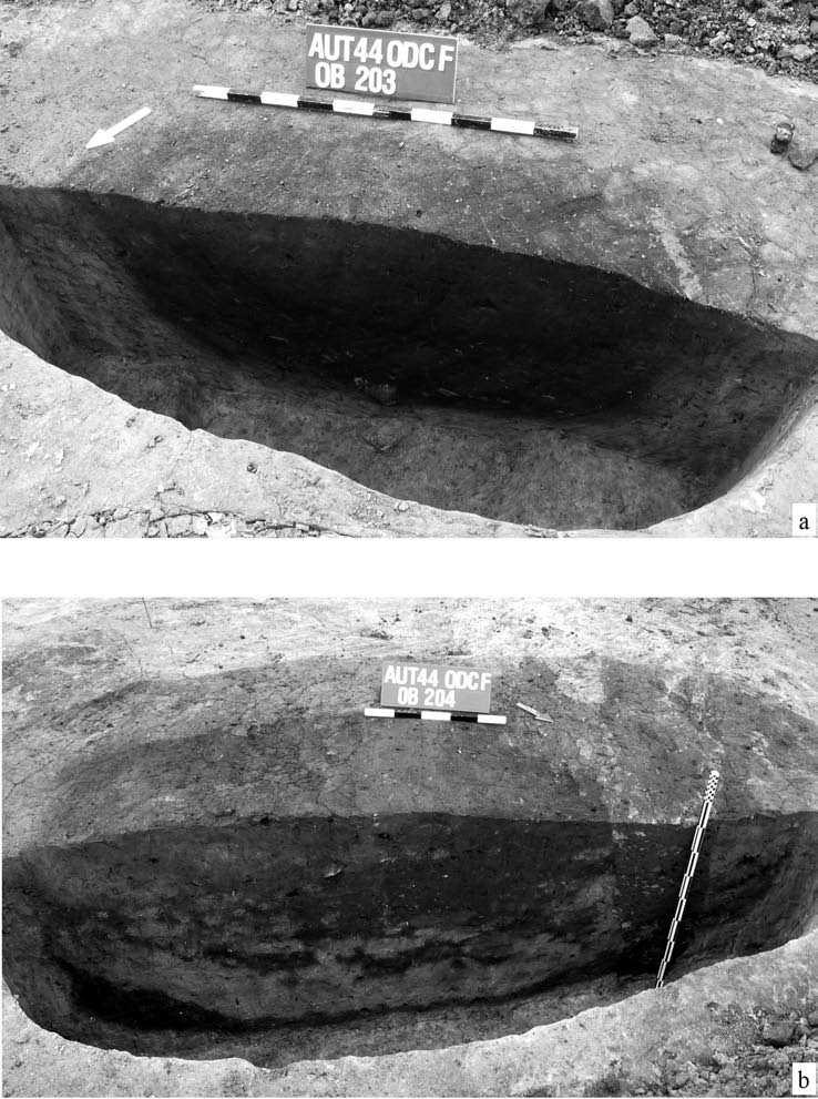 32 jacek kabaciński et al. fig. 3. Bodzia, site 1. Plans and cross-sections of features F203 and F204: a feature F203, b feature F204.