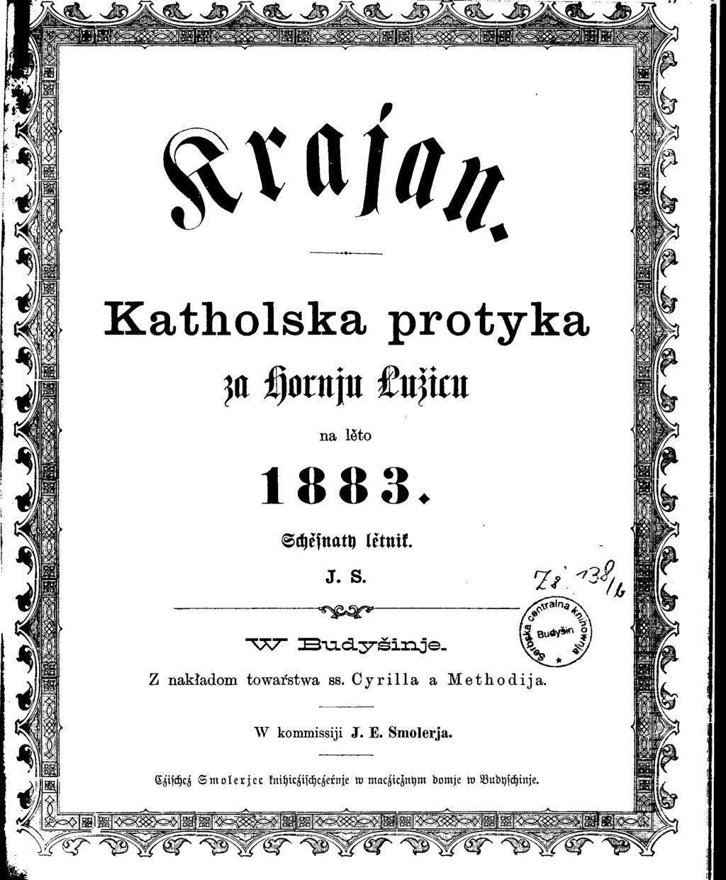 K atholska protyka MHornju Lujicu na lĕto 1883. Schesnaty letnik.