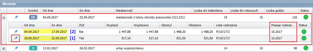 Odszukaj na liście absencję, którą chcesz anulować. Wyświetl jej szczegóły, klikając ikonę.