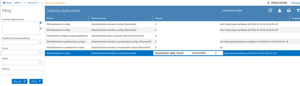 W portalu pracowniczym powstało nowe zadanie o nazwie: Zatwierdzanie wniosku o urlop (Kierownik), w procesie: Wnioskowanie o urlop.