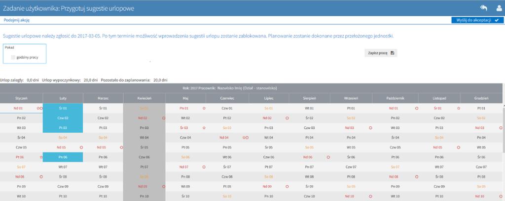 Sugestie urlopów Dla każdego pracownika indywidualnie w pierwszym kwartale roku powstaje zadanie użytkownika Przygotuj sugestie urlopowe.