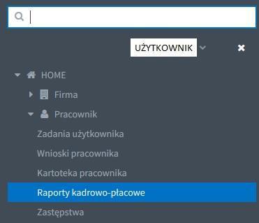 Z menu nawigacyjnego wybieramy: HOME>Pracownik>Raporty kadrowo-płacowe Otwiera się okno, w którym w centralnej części znajduje się