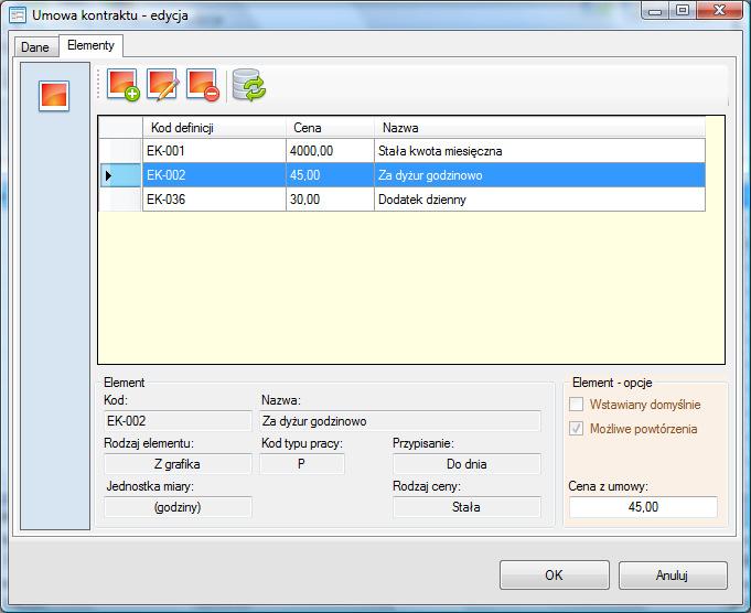 Określa jej rodzaj (stała lub zmienna ilość) oraz typ ceny, która może wynikać bezpośrednio z umowy lub być wpisywana na etapie wykonania. Integracja z grafikiem wykonanym upraszcza rozliczenie.