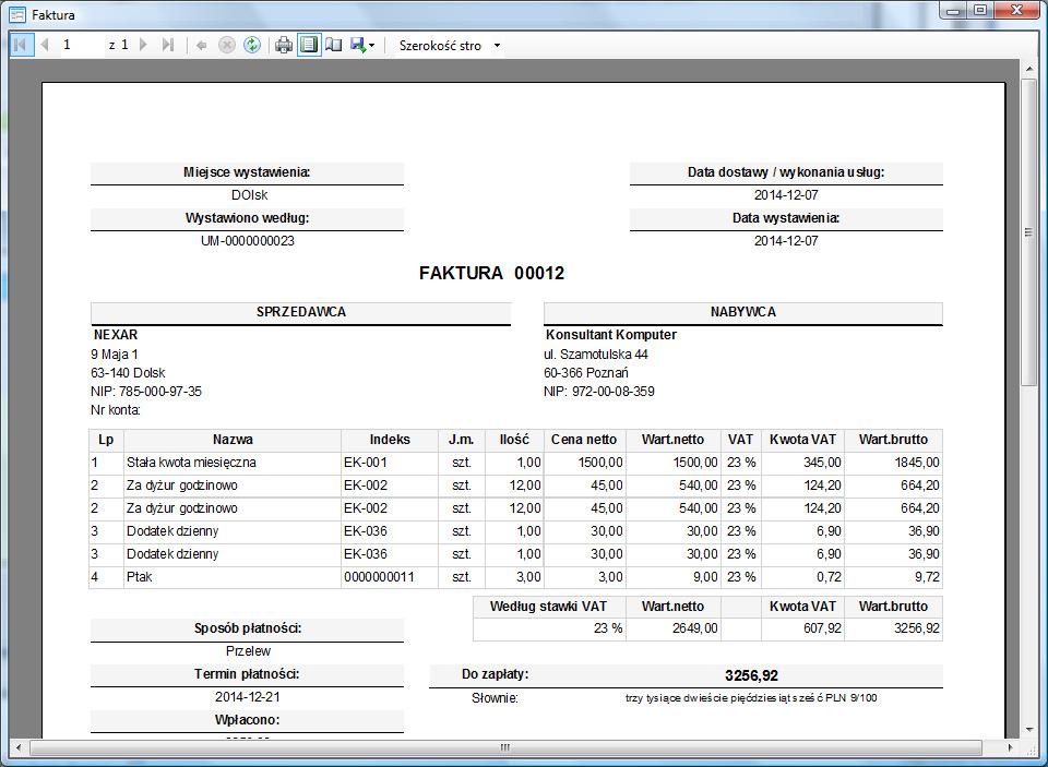 SZCZEGÓŁOWY RAPORT ROZLICZENIA System umożliwia tworzenie faktur na podstawie rozliczenia kontraktu.