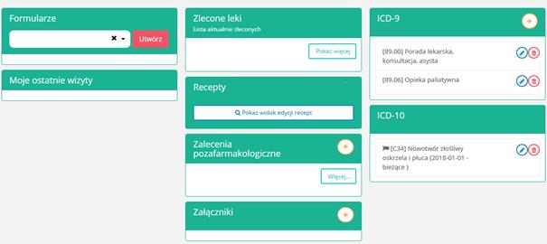 Rys. 21 Powyższe okno może prezentować różne obszary w zależności od posiadanych uprawnień, komórki w której pacjent ma realizowany pobyt w Hospicjum, rodzaju wprowadzonej wizyty. 11.