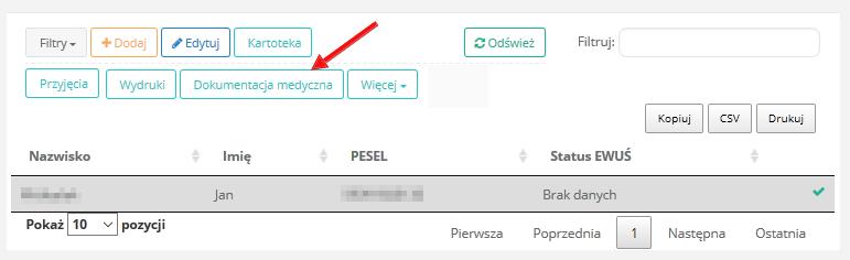 Rys. 27 W oknie generowania dokumentacji medycznej należy ustawić parametry wygenerowanego dokumentu czyli: wybór przyjęcia (pole obowiązkowe) oraz wyboru przedziału czasu (pole nieobowiązkowe), z