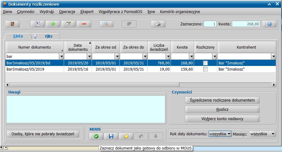 Zlecenie rozliczenia z POMOST Std dla MOUS W systemie POMOST Std należy utworzyć dokument rozliczeniowy w taki sam sposób, jak dotychczas.