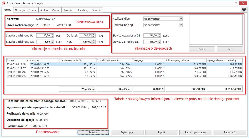 Sekcja z podstawowymi danymi - informacja o kierowcy oraz o okresie rozliczeniowym.