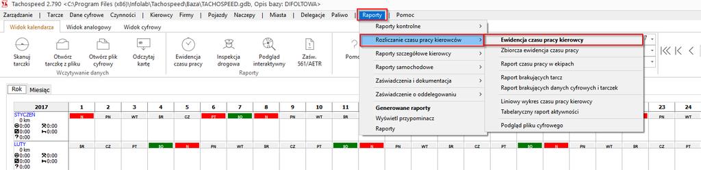1 Ewidencja 1. Uruchomienie modułu ewidencji 2. Okno ewidencji 2.1 Pobranie danych z bazy 2.2 Aktywny kierowca 2.3 System pracy 2.4 Okres rozliczeniowy i dzień wolny 2.5 Zmiana zakresu danych 2.