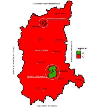 Rys. 2 Klasyfikacja stref jakości powietrza w województwie lubuskim dla pyłu zawieszonego PM10 z uwzględnieniem kryteriów określonych w celu ochrony zdrowia w 2016 roku.
