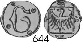 Ryc. 6. Halerze głogowskie (644, 645, 646) i cieszyńskie (807) z nibyczwórbiciem, 1. połowa XV w.