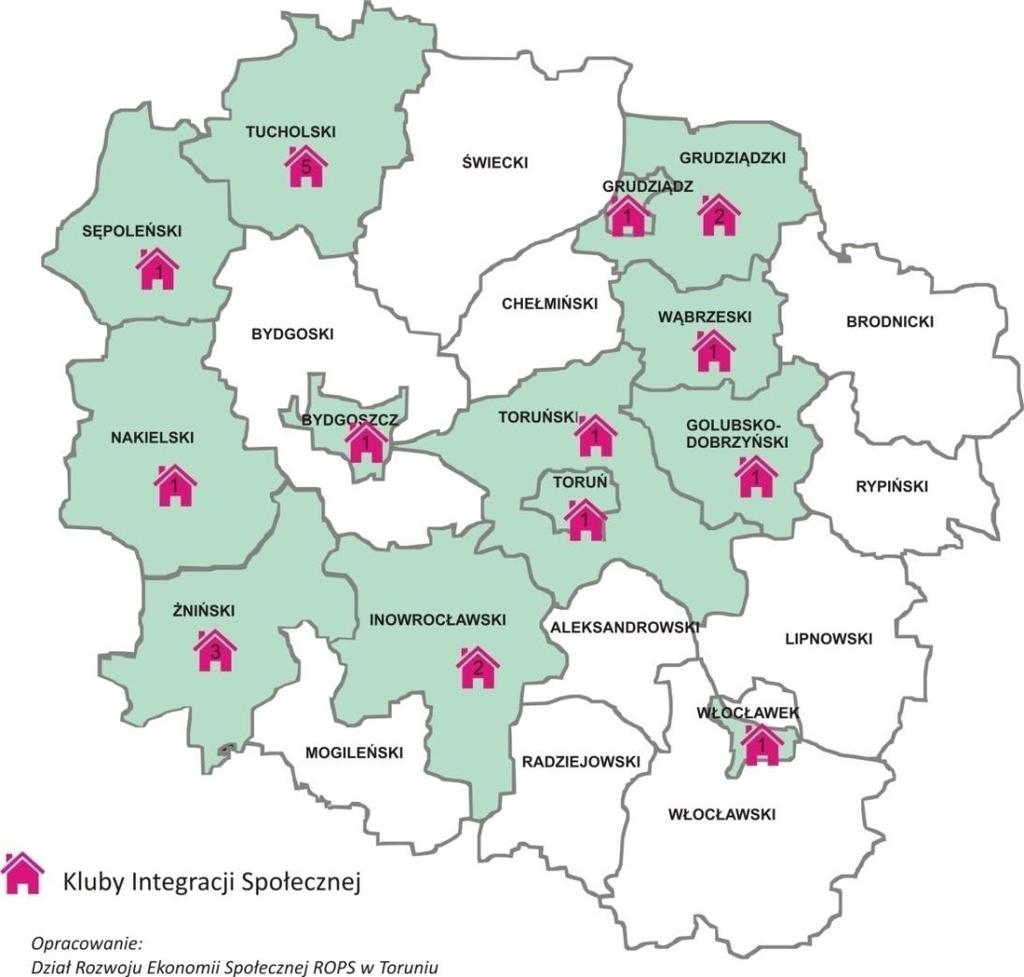 Mapa 3. Kluby integracji społecznej w województwie kujawsko-pomorskim w 2017 r.