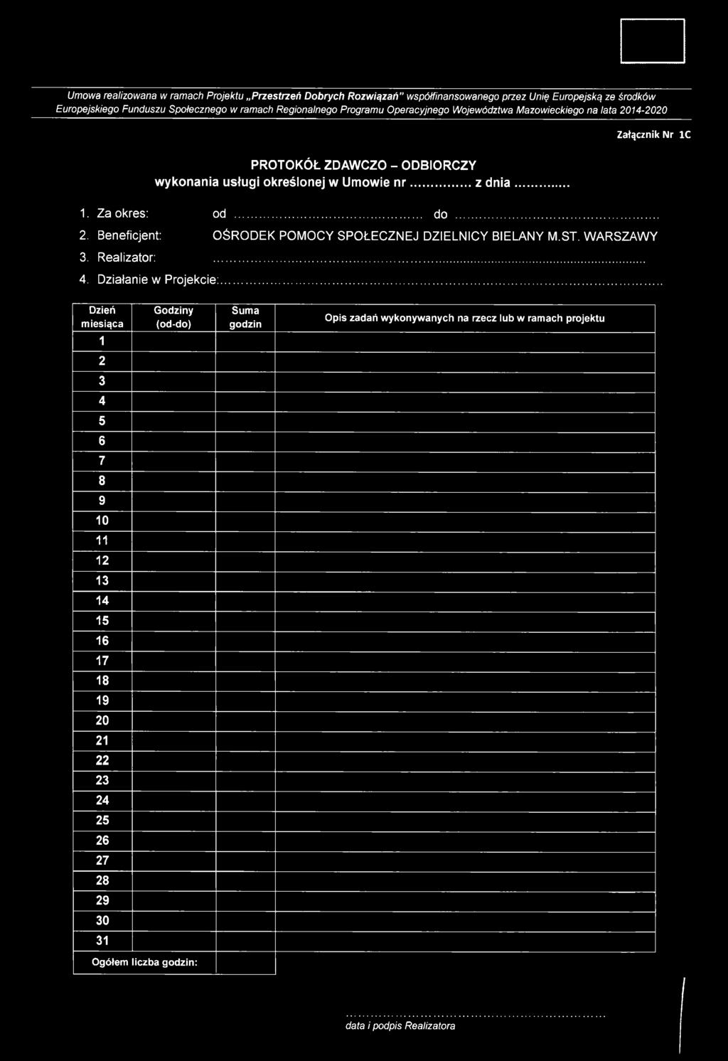 .. 2. Beneficjent: O Ś R O D E K POM OCY S P O Ł E C Z N E J D ZIELN IC Y BIELANY M.ST. W ARSZAW Y 3. Realizator:... 4. Działanie w Projekcie:.