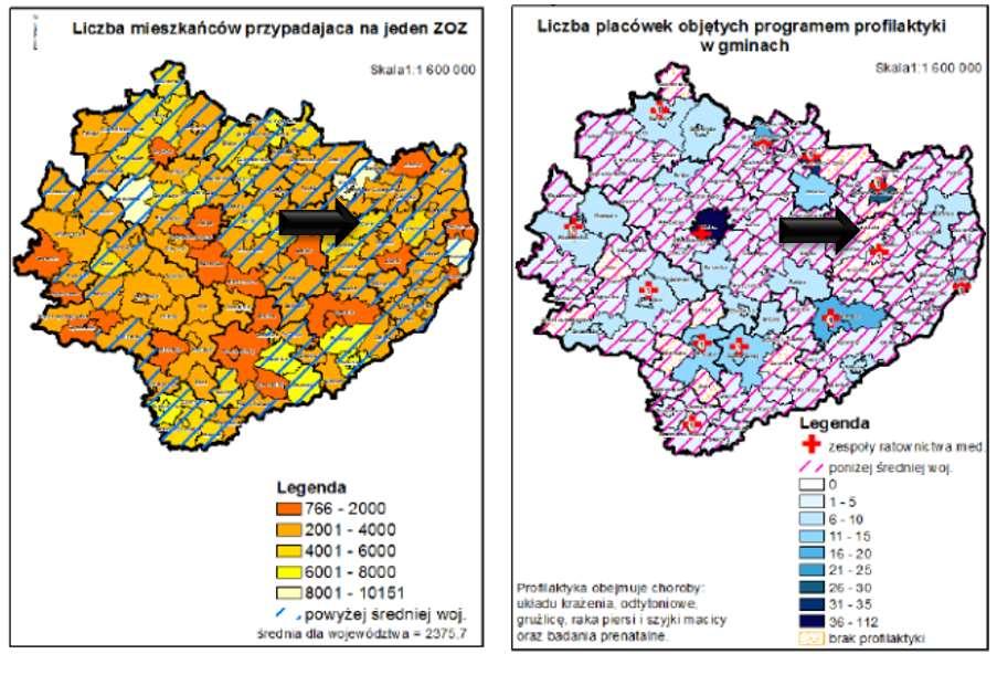 Mapa 6 Mapa potrzeb zdrowotnych Źródło: Plan Zagospodarowania Przestrzennego Województwa Świętokrzyskiego, wrzesień 2014 Na powyższych mapach dostęp do usług zdrowotnych na terenie gminy został