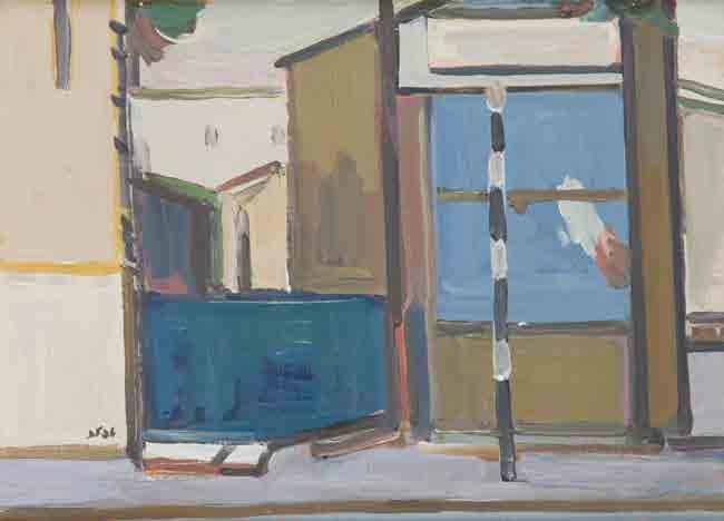 9 Ulica - dom z niebieskim oknem / Street - a house with a blue window, 1985 olej/płótno, 73 x 93 cm sygnowany (po hebrajsku) l.d.: 'Tepler' na odwrociu sygnowany, datowany i opisany: 'S.