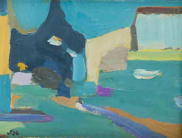 12 Kompozycja - Jaffa / Composition - Jaffa, circa 1983 olej/płótno naklejone na tekturę, 45 x 52 cm sygnowany (po hebrajsku) l.d.: 'Tepler', na odwrociu sygnowany: 'S.
