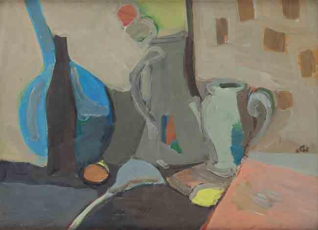 28 Martwa natura z niebieską patelnią i czarną butelką / Still life with a blue frying pan and a black bottle, 1981 olej/płótno, 44,5 x 61 cm sygnowany (po hebrajsku) śr.d.: 'Tepler' na odwrociu sygnowany i datowany: 'S.