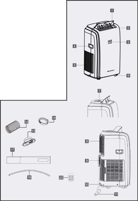 OPIS URZĄDZENIA 1. Pokrywa 2. Grill wylotu powietrza 3. Wyświetlacz 4. Uchwyt 5. Grill wlotu powietrza 6. Kółka 7. Panel sterujący 8. Grill wlotu powietrza 9.