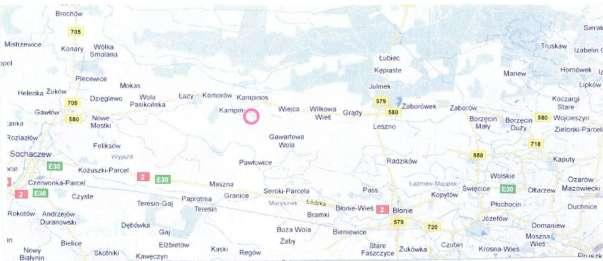 Rys. 2 Położenie geograficzne Obszar zajmowany przez Kampinos A wynosi 183.5024 ha. Pod względem powierzchni wieś ta należy do średniej wielkości miejscowości w gminie Kampinos.