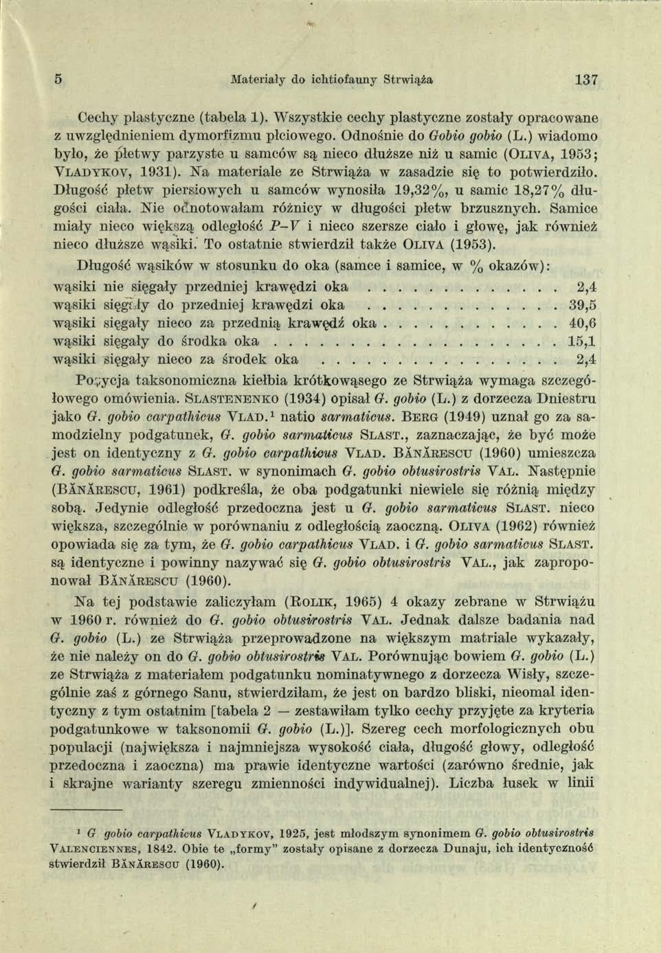 5 Materiały do ichtiofauny Strwiąża 37 Cechy plastyczne (tabela ). W szystkie cechy plastyczne zostały opracowane z uwzględnieniem dymorfizmu płciowego. Odnośnie do Gobio gobio (L.