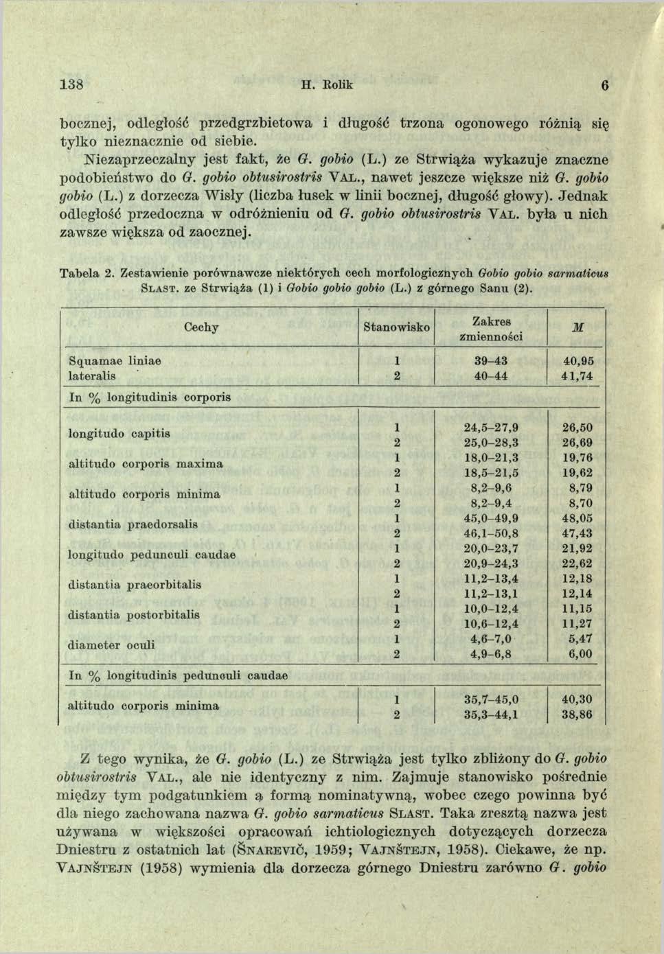 3 8 H. Rolik 6 bocznej, odległość przedgrzbietow a i długość trzona ogonowego różnią się ty lk o nieznacznie od siebie. Niezaprzeczalny jest fakt, że O. gobio (L.
