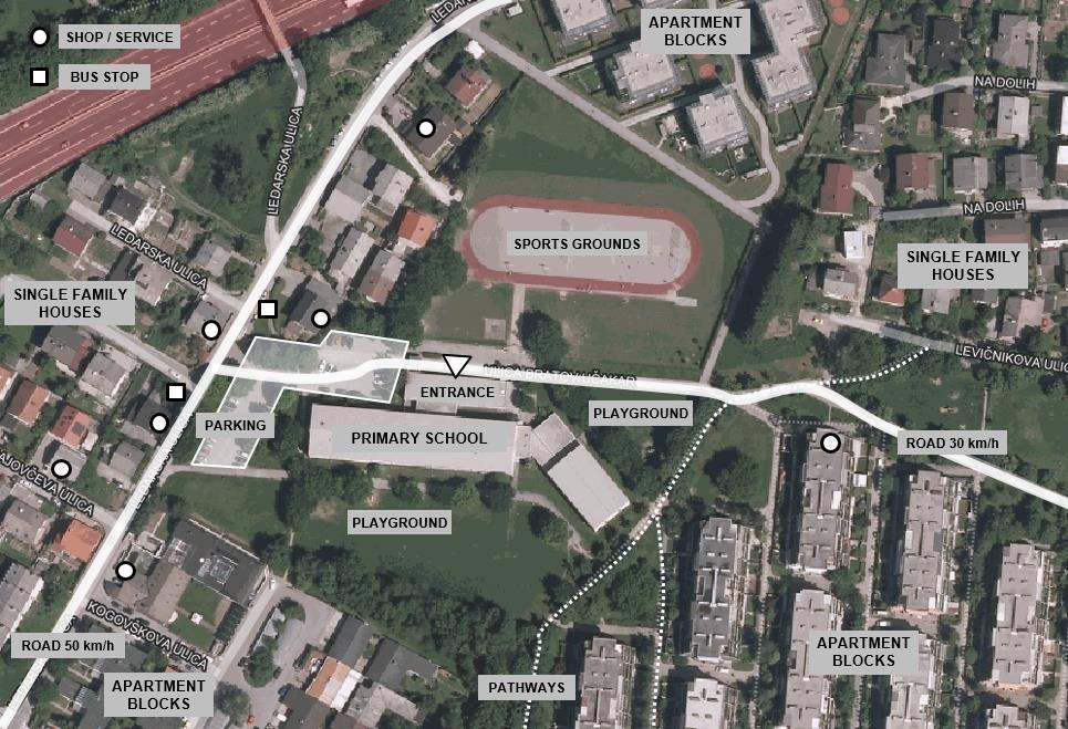 OPIS TERENU Szkoła podstawowa z przyległymi placami zabaw Sąsiedztwo mieszkaniowe o dużej gęstości zaludnienia, usługi, transport publiczny 30 km/h przez drogę, 50 km/h przy pobliskiej drodze, bez