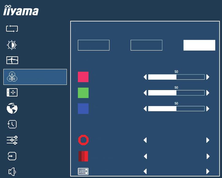 Ustawienia kolorów * Color Settings Autoregulacja Temperatura Kolorów ProLite XUB2495WSU Regulacje obrazu 9300K 7500K 6500K Geometria Ustawienia Użytkownika Ustawienia kolorów Czerwony OSD Zielony