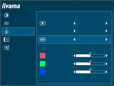 Temp. kolorów * Color Settings Regulacje obrazu Temp. kolorów ProLite XB2474HS Ustawienia obrazu Gamma Gamma1 Ustawienia kolorów 6-osiowa Odcień Konfiguracja OSD Temp.