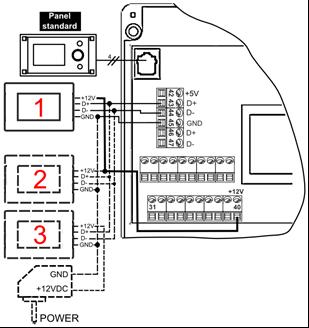 W przypadku, gdy regulator wyposażony jest w panel TOUCH (kolorowy, z panelem dotykowym) wówczas tylko jeden panel pokojowy może być zasilany bezpośrednio z modułu regulatora (zacisk 40).