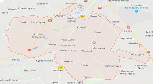 Rysunek 5. Sieć dróg na terenie Gminy Nowa Sucha Źródło: Dane z Urzędu Gminy Nowa Sucha Źródło: Mapy Google Stan techniczny dróg, w szczególności powiatowych, gminnych i wewnętrznych jest zły.