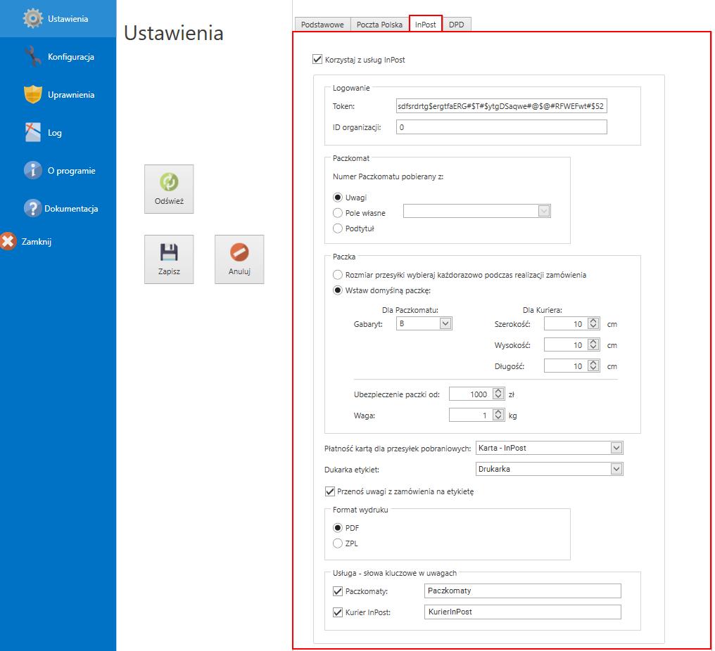 5.1.3 Ustawienia InPost Ustawienia w tej zakładce pozwalają skonfigurować połączenie z API InPost oraz wybrać ustawienia dotyczące generowanej paczki.