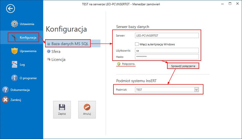 5.2.1 Baza danych MS SQL W tym miejscu, użytkownik może zmienić ustawienia dotyczące połączenia z bazą danych Subiekta GT. Serwer nazwa serwera SQL i instancji (np. LEO-PC\INSERTGT ).