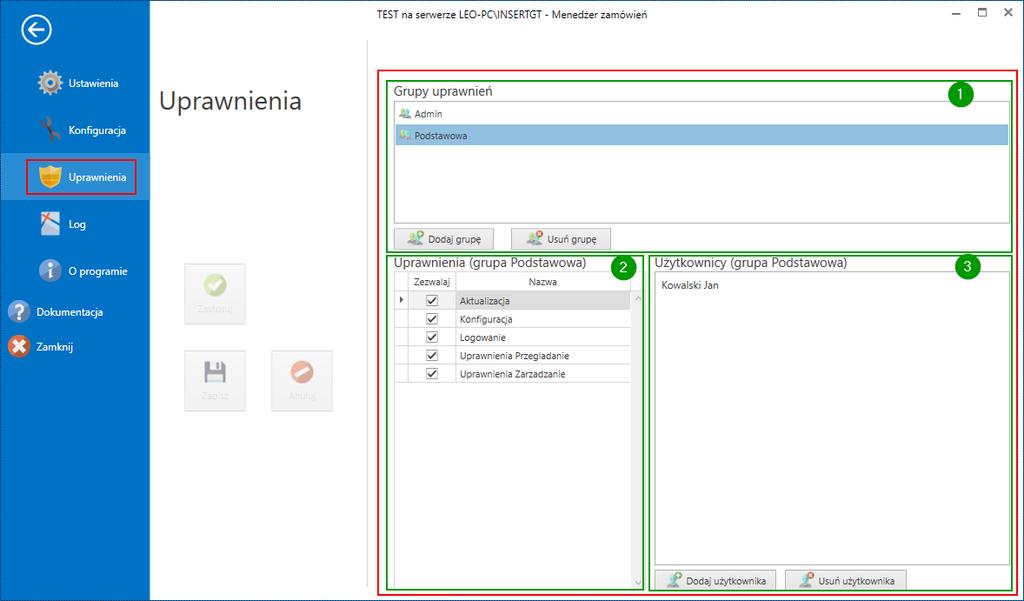 5.3 Uprawnienia Okno tych ustawień pozwala na zmianę uprawnień dla poszczególnych użytkowników lub grup użytkowników dla programu.