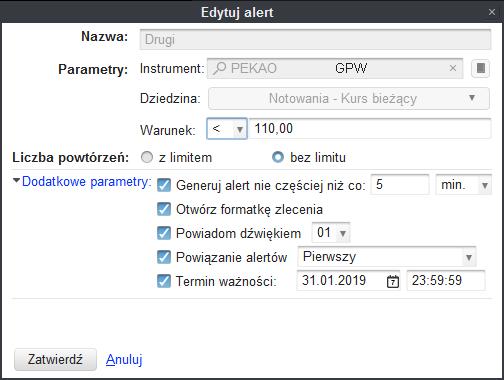 Rys. 162. Dodatkowe opcje dla alertów. Na dole okna o nazwie Dodaj nowy alert, znajduje się przycisk Zatwierdź, który, w przypadku poprawnie wprowadzonych parametrów, spowoduje zapisanie alertu.