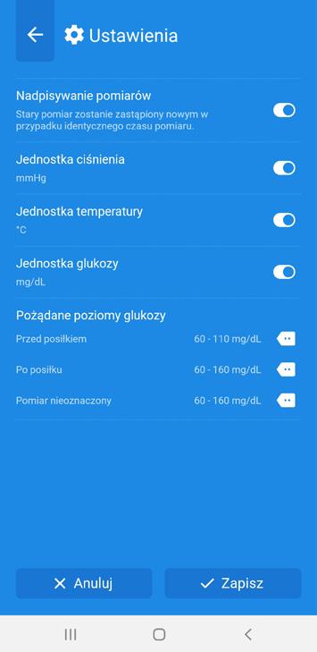 Fabryczne ustawienia zakresów poziomu glukozy są następujące: Przed