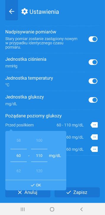 mg/dl Za pomocą przełącznika z prawej strony (kropka/ suwak) można ustawić