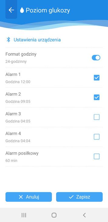 W opcji Ustawienia urządzenia istnieje możliwość ustawienia alarmów przypominających o pomiarze (w glukometrze Abra Smart BT) (Rys. 28) przy pomocy aplikacji ISTEL Health.